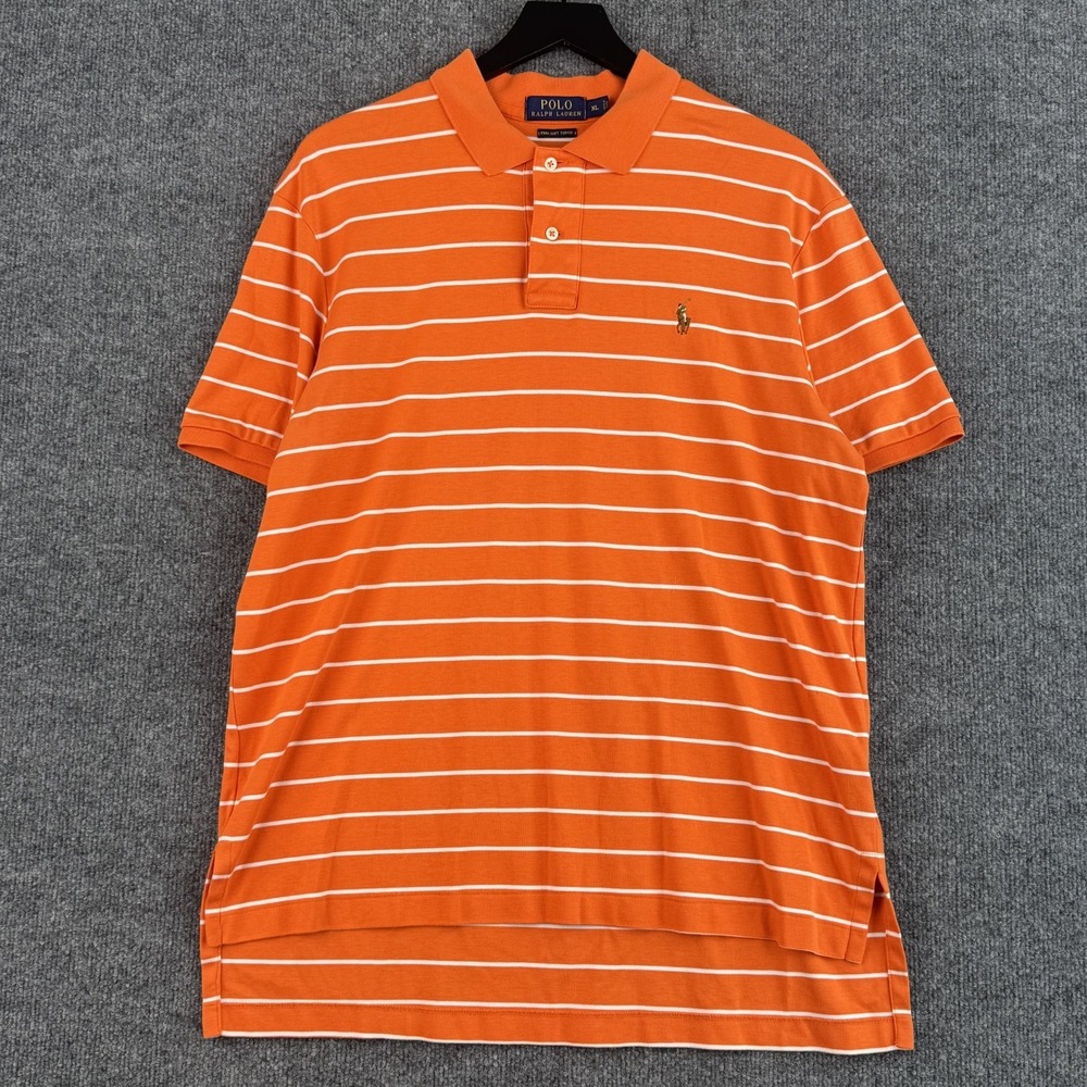 Polo Ralph Lauren Polo Shirt Mens XL Orange Stripe Casual Pima Golf Short Sleeve